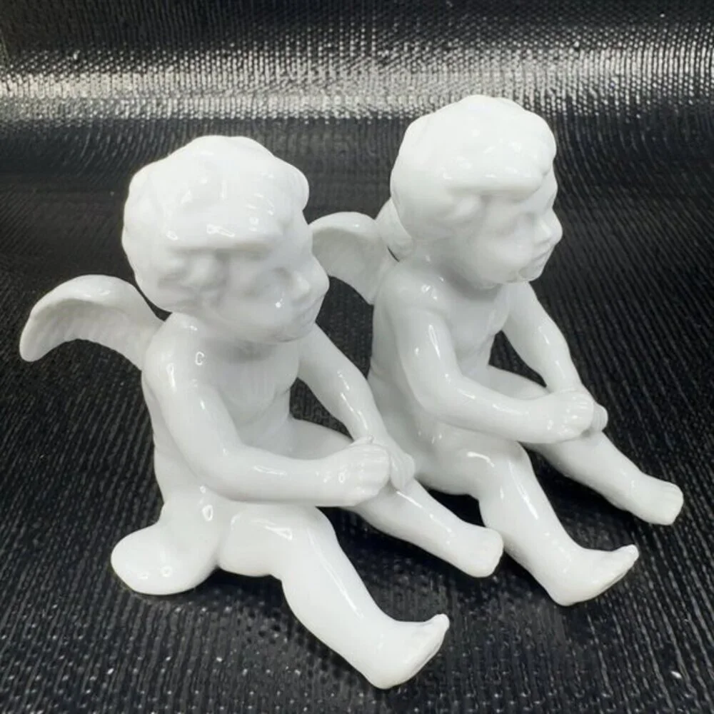 Fitz And Floyd White Porcelain Angel Cherub Set 2‎ Figurine W Original Stickers